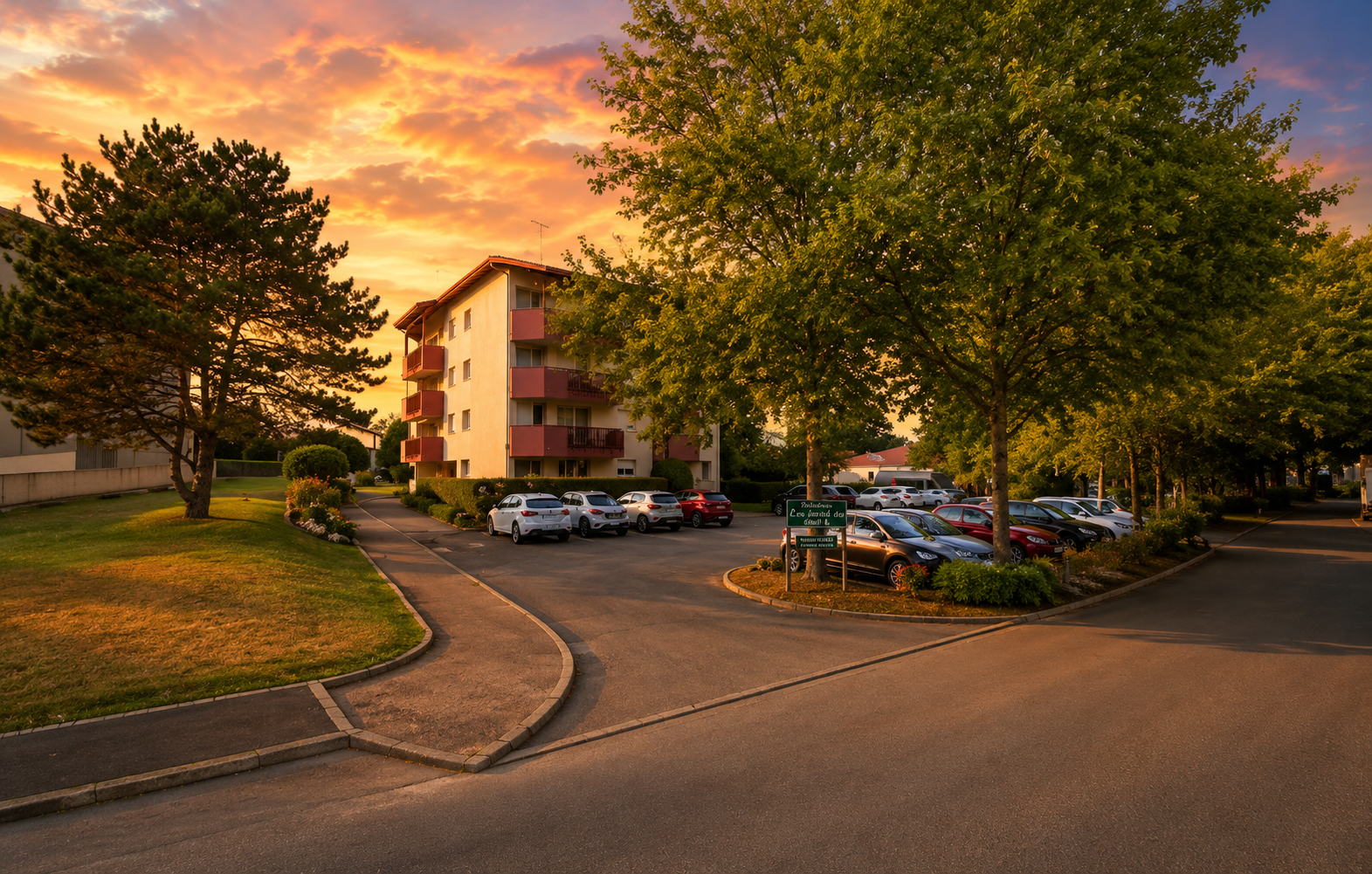 Résidence Les Jardins d'Acqs au coucher du soleil, parking gratuit à Dax
