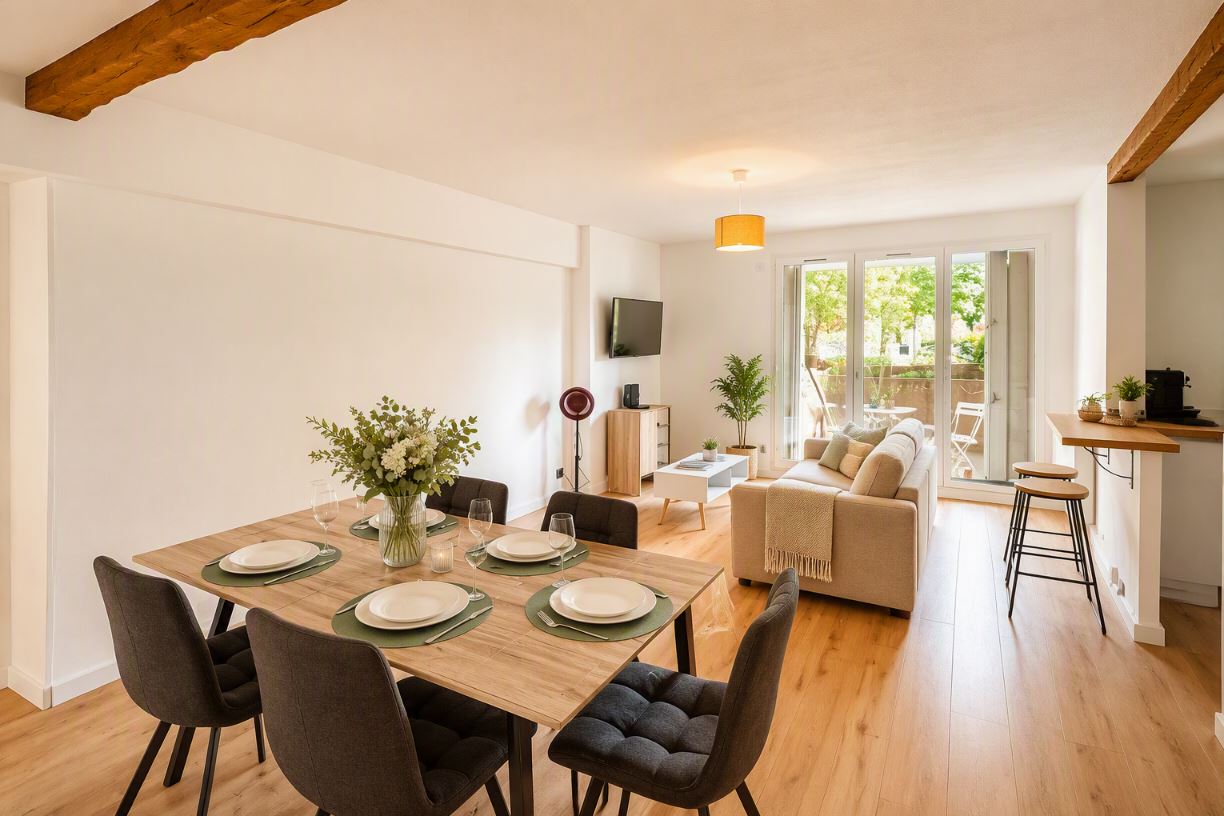Salle à manger de l'appartement pour cure thermale à Dax centre-ville — Les Jardins d'Acqs, appartement pour curistes à Dax proche des thermes